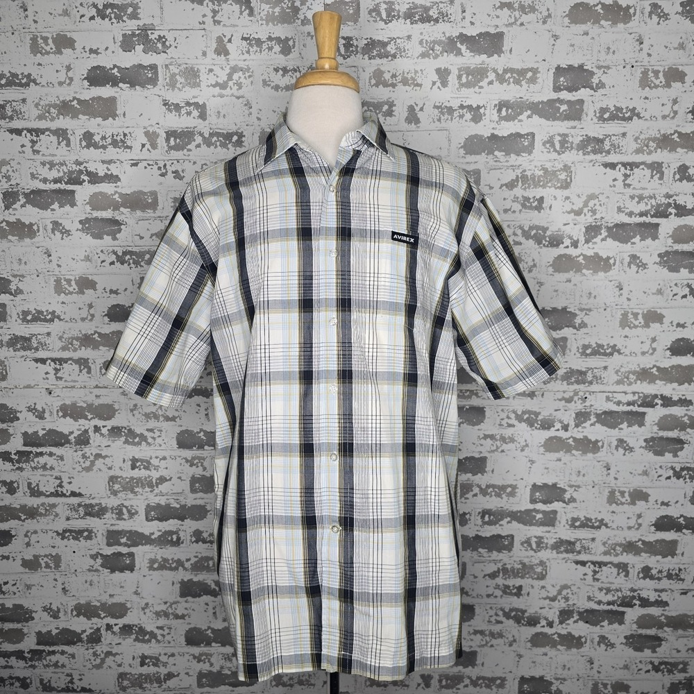 Avirex USA Mens Short Sleeve Button Up Shirt Plaid Streetwear Aviation Size XL